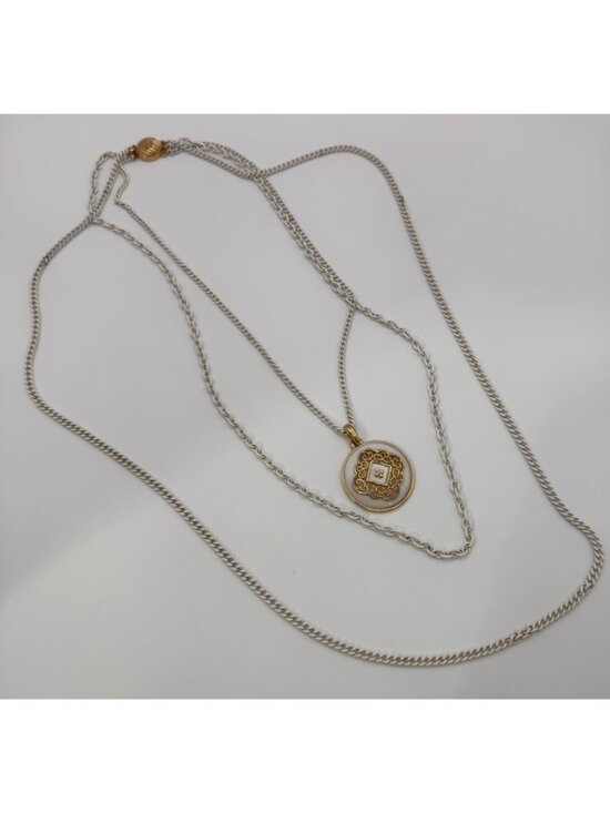 Vintage White Enamel Gold Pendant Necklace Multi Strand Chain Layered - Picture 2 of 7